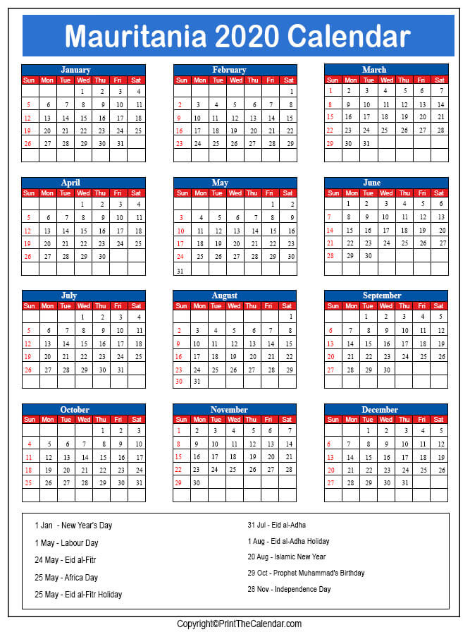 Mauritania Printable Calendar 2020
